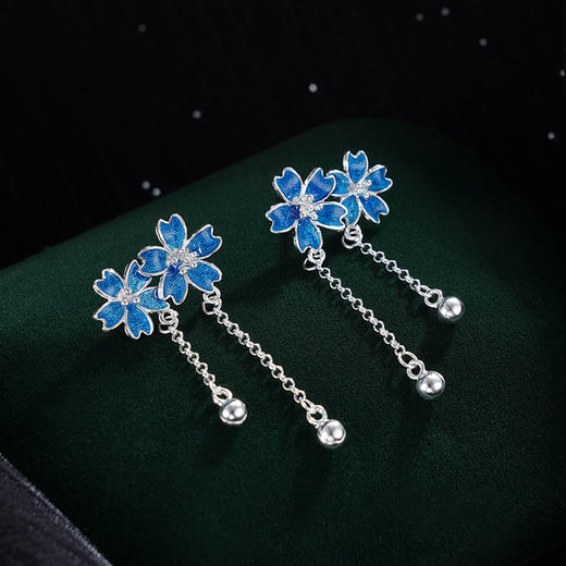 子佩集S990银【幽蓝花畔】耳环【QFES043】纯银珐琅彩两朵花2405 商品图1
