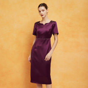 PF8F1斯尔丽24新款宴会小礼服花瓣领优雅浪漫钉珠高端大气收腰连衣裙