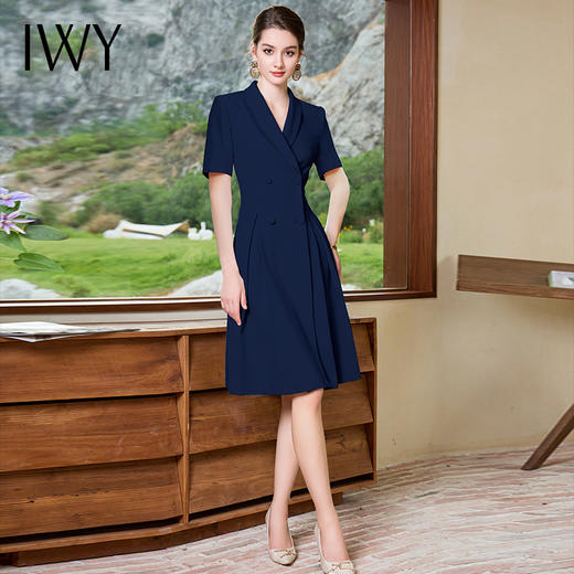 IWY/职业连衣裙藏青色工作服夏季双排扣短袖正装裙子工装正式场合Q1165 商品图1