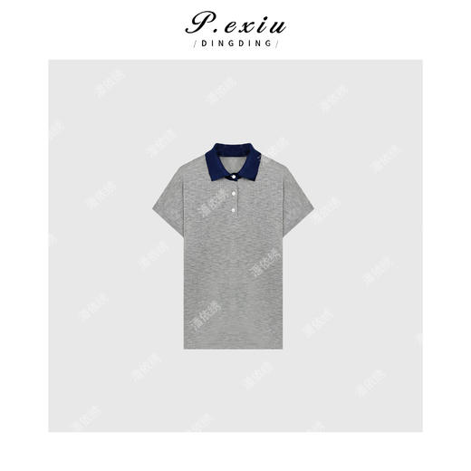 03-3潘依绣丁丁宠粉PanYiXiu/潘依绣人丝撞色翻领极简风通勤百搭短袖T恤 ZZ0555 商品图1