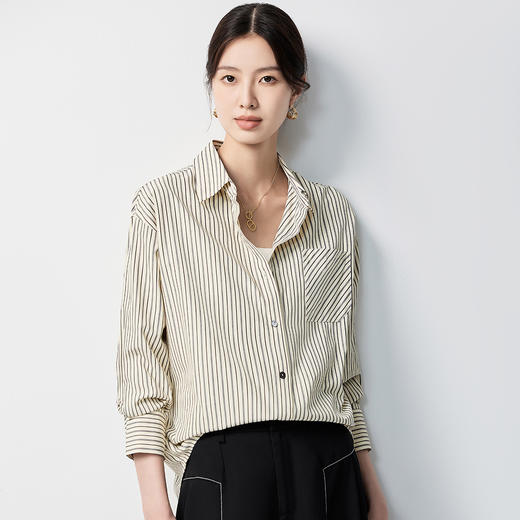 【含长绒棉&简约条纹】罗蒙女士长袖衬衫大众休闲可外穿衬衣女 商品图4