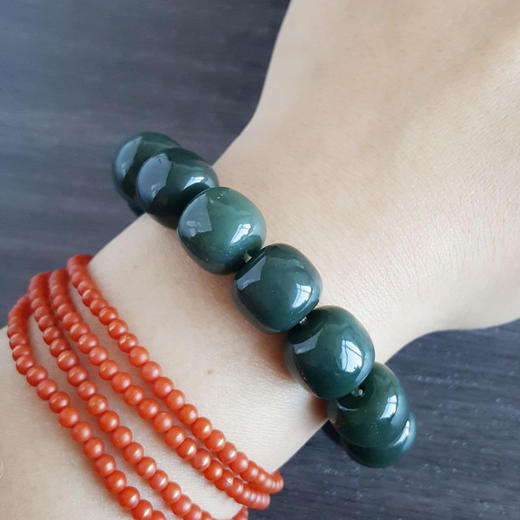 【天然正品】天然精品约12*14MM粉青料和田玉鼓珠手串18CM（弹力绳） 131223XY03 商品图5