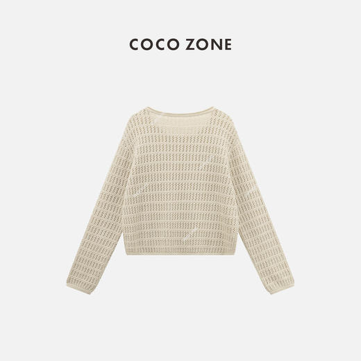 COCO ZONE "杏仁茶”时尚镂空圆领长袖针织衫纯色显瘦上衣CC1B1149 商品图1
