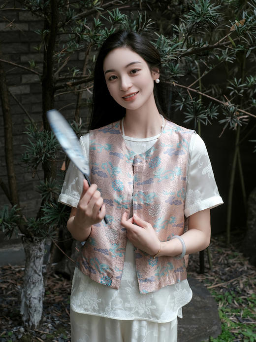 盛唐婧 |真丝宋锦一路青云对襟马甲 商品图1