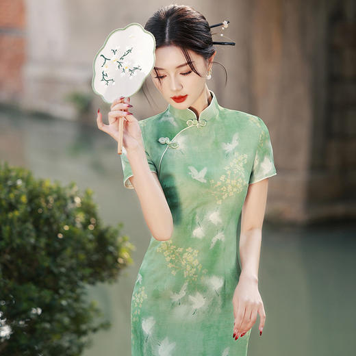 新中式手工盘扣国风，气质淑女双层竹节麻显瘦旗袍MLS-6879 商品图4