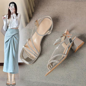 ZHR洋气超软水钻凉鞋女2024新款夏季一脚蹬粗跟两穿高跟鞋女外穿