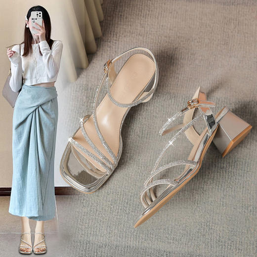 ZHR洋气超软水钻凉鞋女2024新款夏季一脚蹬粗跟两穿高跟鞋女外穿 商品图0