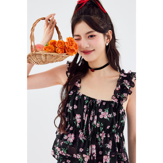 【严选】诗凡黎衬衫方领荷叶袖衬衣女2024春夏新款印花浪漫显瘦百搭SF6320931 商品图2