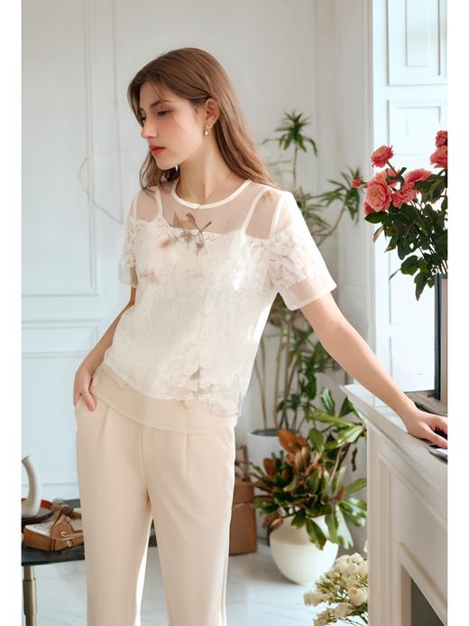 OLrain法式高级穿搭白色雪纺衫女夏季2022年新款欧根纱印花套头衫06XS81193 商品图5