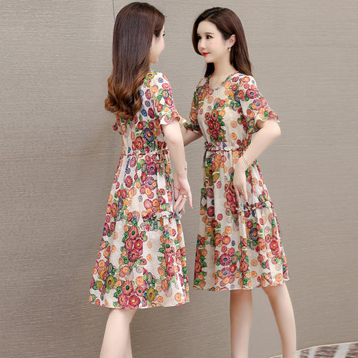 短袖圆领印花连衣裙，洋气收腰中长款A字裙QYM- JJ-HB246623-Y 商品图2