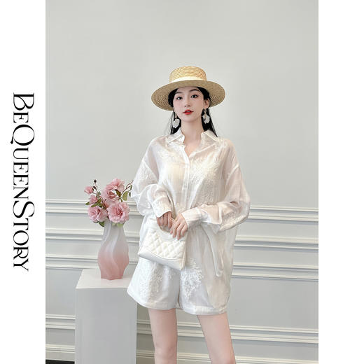 BeQueenStory【冷萃清泉】重工国风立体刺绣轻薄衬衫&微A短裤 商品图4
