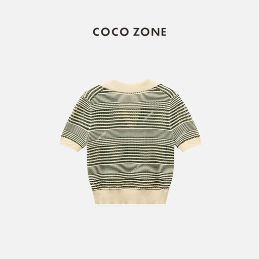 COCO ZONE"绿庭”夏季时尚拼色条纹短袖针织衫气质百搭翻领上衣CC2B0718 商品图1