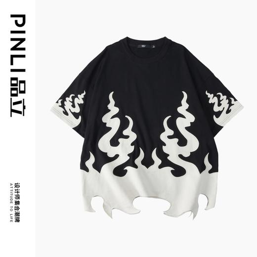 PINLI品立2024夏季新款火焰贴布绣圆领T恤男士撞色休闲短袖潮上衣B242111114 商品图3