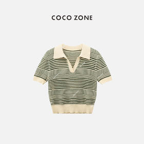 COCO ZONE"绿庭”夏季时尚拼色条纹短袖针织衫气质百搭翻领上衣CC2B0718