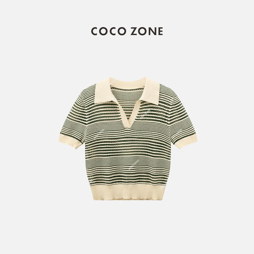 COCO ZONE"绿庭”夏季时尚拼色条纹短袖针织衫气质百搭翻领上衣CC2B0718 商品图0