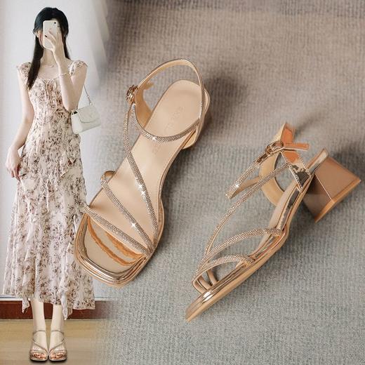 ZHR洋气超软水钻凉鞋女2024新款夏季一脚蹬粗跟两穿高跟鞋女外穿 商品图1