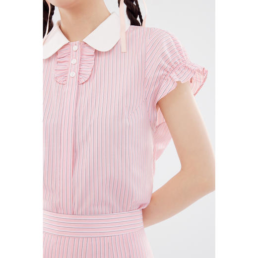 【严选】诗凡黎娃娃领粉白条纹衬衫套装2024夏新款飞飞袖miu系减龄两件套SF5420901 商品图3