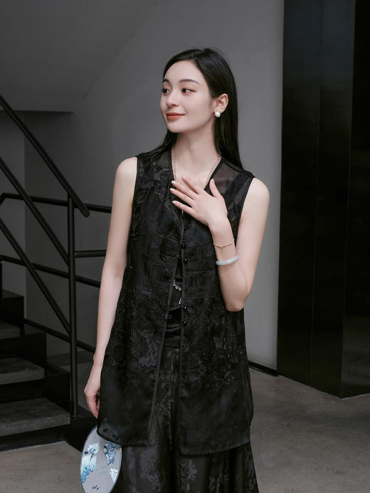 盛唐婧 |桑蚕丝真丝绡长款马甲-黑色 商品图1