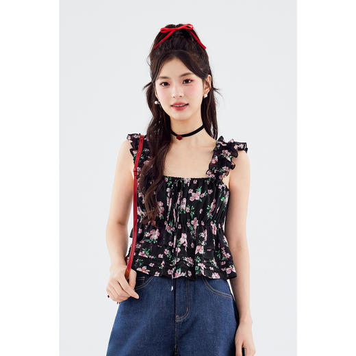 【严选】诗凡黎衬衫方领荷叶袖衬衣女2024春夏新款印花浪漫显瘦百搭SF6320931 商品图0