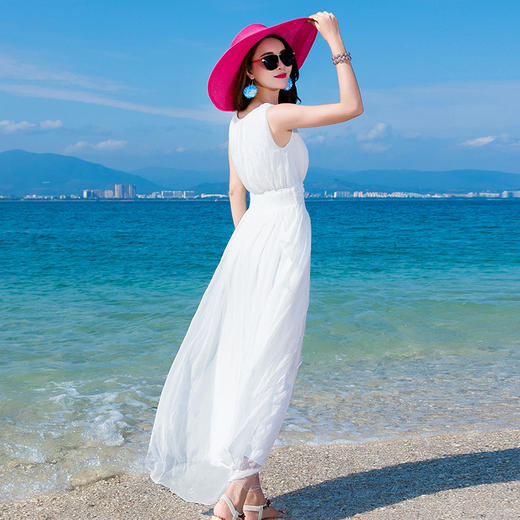 丁摩 修身高腰真丝纯色波西米亚海边度假旅游桑蚕丝沙滩裙连衣裙4ZF-9925 商品图3
