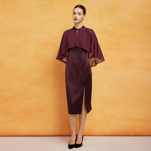 PF8F9斯尔丽24新款商场同款设计感浪漫披肩不规则摆改良旗袍版连衣裙 商品图3