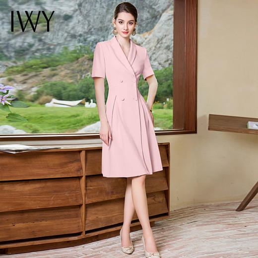 IWY/粉色西装连衣裙女夏季短袖职业装播音艺考正装收腰气质裙Q1165 商品图2
