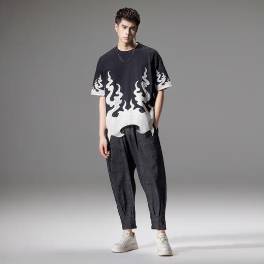 PINLI品立2024夏季新款火焰贴布绣圆领T恤男士撞色休闲短袖潮上衣B242111114 商品图4