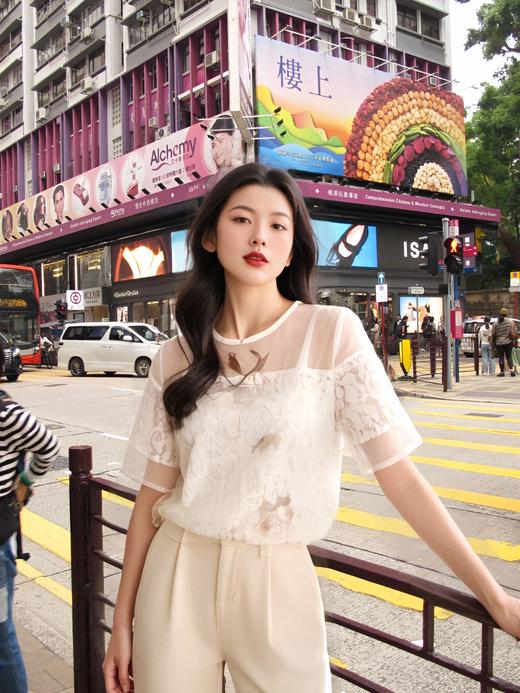 OLrain法式高级穿搭白色雪纺衫女夏季2022年新款欧根纱印花套头衫06XS81193 商品图0