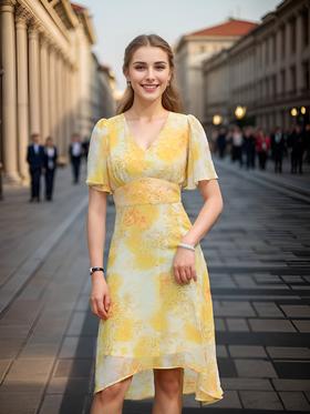 法式荷叶袖侧开衩连衣裙