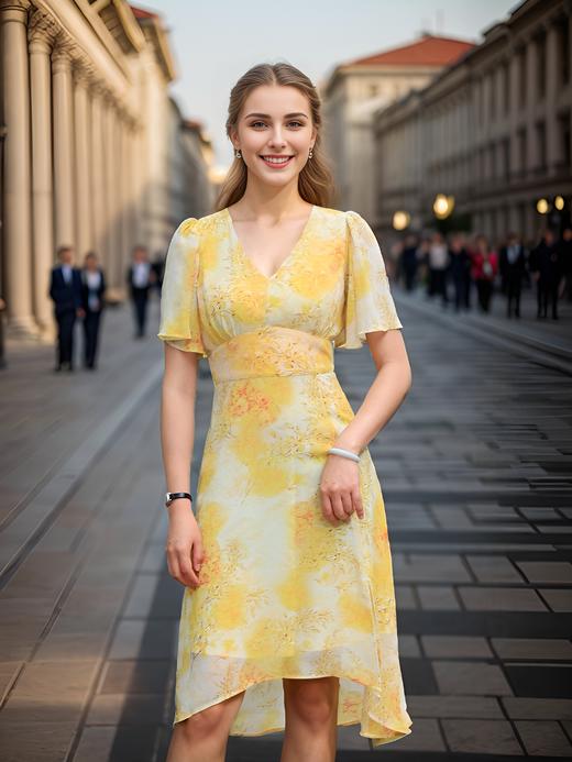 法式荷叶袖侧开衩连衣裙 商品图0