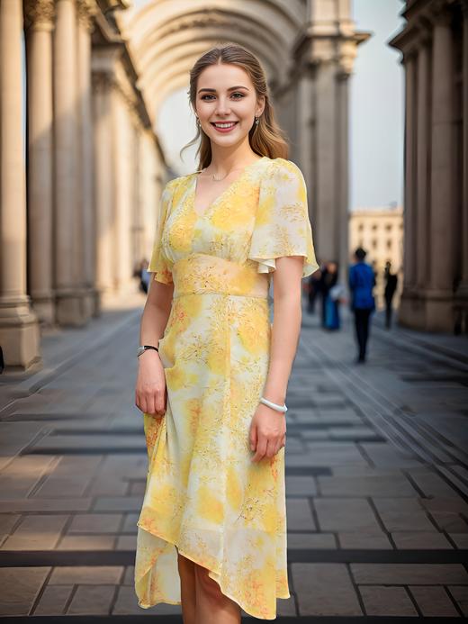 法式荷叶袖侧开衩连衣裙 商品图2