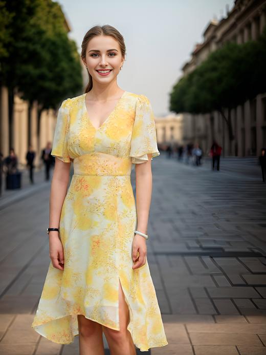 法式荷叶袖侧开衩连衣裙 商品图1