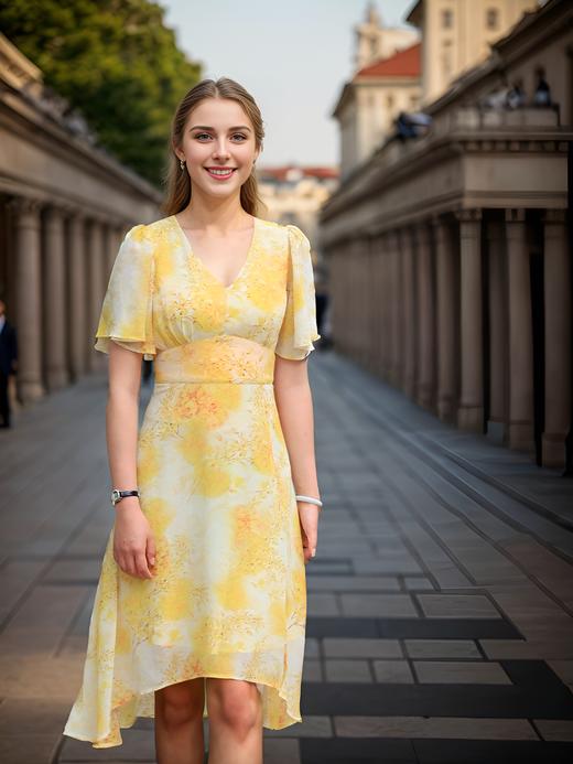 法式荷叶袖侧开衩连衣裙 商品图3