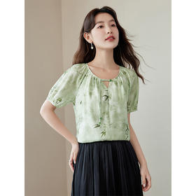 【专属特价】熙世界《青竹烟雨》新中式国风印花衬衫夏短袖流苏盘扣绿色上衣