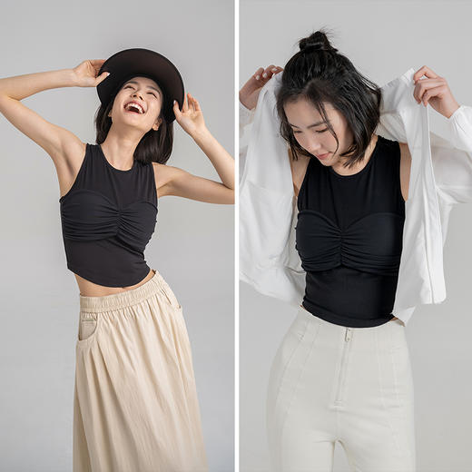 【裸感】带一体杯胸垫背心 胸口复古网纱蝴蝶褶皱拼接 运动休闲显瘦上衣 商品图0