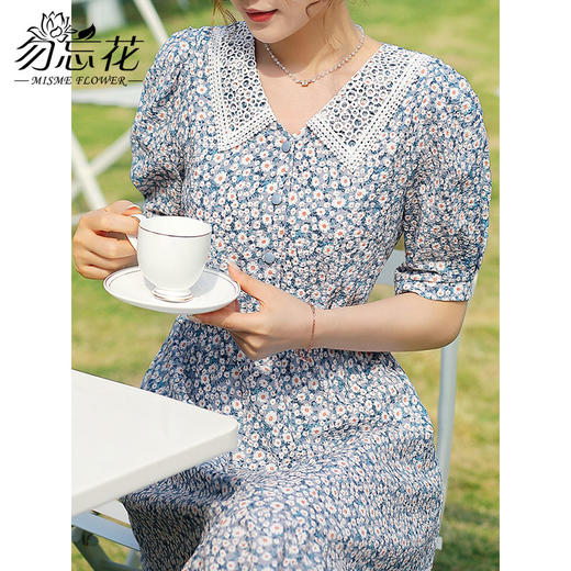 勿忘花纯棉碎花连衣裙女夏2024夏季新款气质娃娃领法式泡泡袖裙子 商品图2