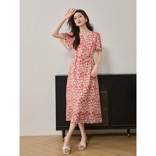 【专属特价】熙世界法式浪漫红色印花连衣裙夏季新款飞飞袖优雅气质收腰裙子 商品图4