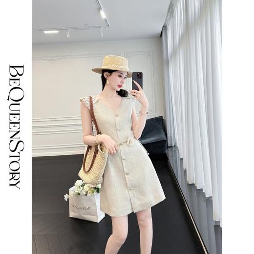 BeQueenStory【松茶情书】法式气质显瘦时尚V领收腰连衣裙配腰链 商品图4