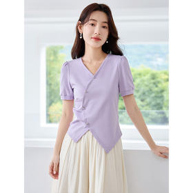 【39元福袋不支持退换】熙世界法式泡泡袖V领T恤夏季新款设计感不规则收腰显瘦别致上衣