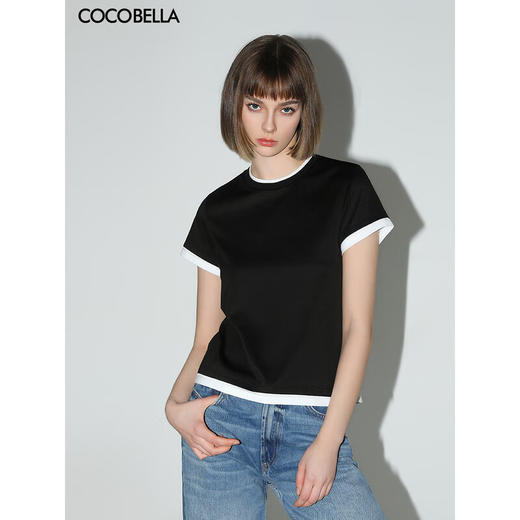 COCOBELLA黑白撞色拼接假两件短袖T恤夏简约精致半袖TS0017 商品图1