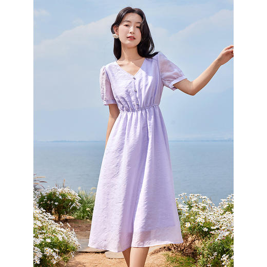【专属特价】熙世界温柔风气质V领短袖连衣裙夏季收腰显瘦紫色a字中长裙子 商品图1