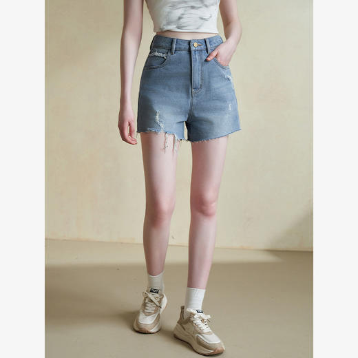 复古甜酷辣妹风牛仔裤女夏季廓形破洞毛边A字短裤V2341690 商品图2