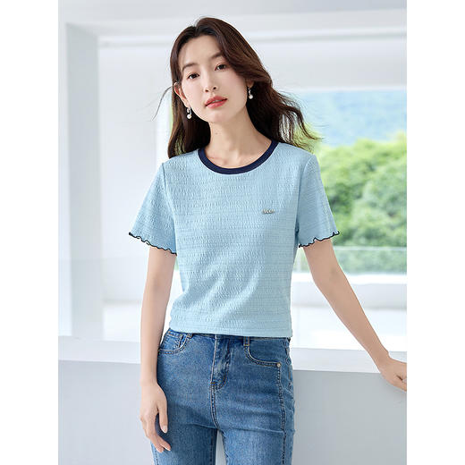 【专属特价】熙世界肌理感针织T恤女短袖2025夏装新款撞色圆领正肩体恤上衣 商品图0