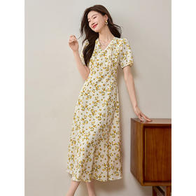 【专属特价】熙世界小黄花碎花连衣裙夏2025新款泡泡袖V领鱼尾裙过膝长裙子