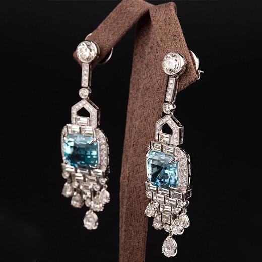 独角鹿西洋古董1940年代法国出品装饰艺术风格铂金镶嵌钻石及海蓝宝耳坠一对 商品图2