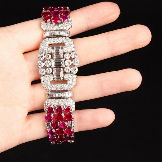 独角鹿西洋古董1930年代欧洲出品装饰艺术风格铂金镶嵌钻石及缅甸无烧红宝石手链 商品图1