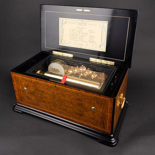 独角鹿西洋古董1875年代瑞士出品细木镶嵌外箱滚轴式蜜蜂铃铛音乐盒 商品图1