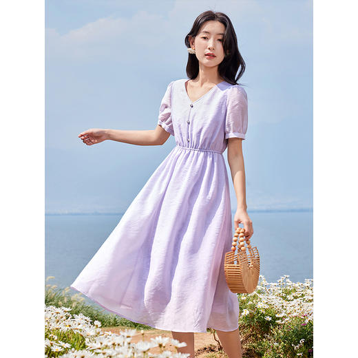 【专属特价】熙世界温柔风气质V领短袖连衣裙夏季收腰显瘦紫色a字中长裙子 商品图0