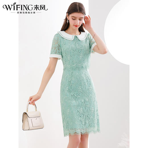 未风绿色蕾丝连衣裙女夏2024夏季新款娃娃领气质优雅减龄短袖裙子 商品图2