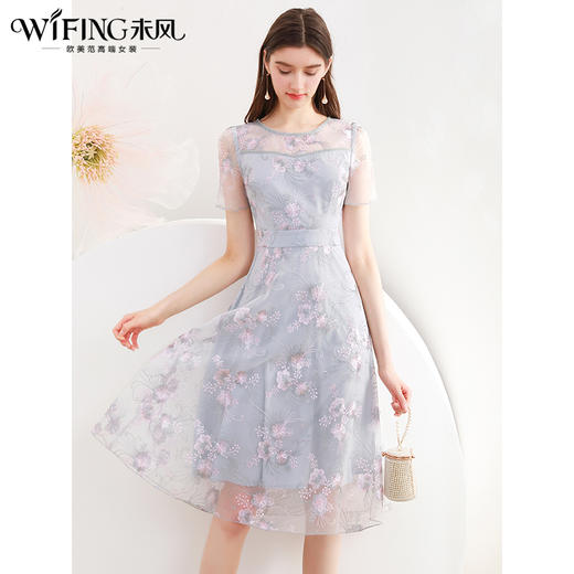 未风灰色网纱连衣裙女夏2024年夏季新款女装时尚气质优雅收腰裙子 商品图1